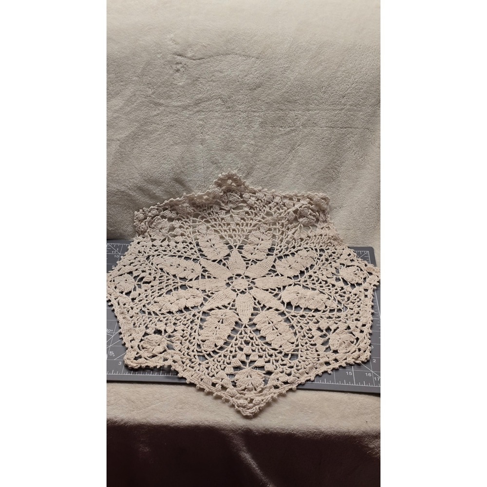 Vintage Handmade Crochet Floral Doily Cream Lace Hexagon Table Topper 14.5 Inch